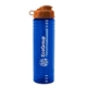 a transparent blue bottle & orange lid 24 oz slim fit upcycle rpet bottle with flip lid