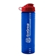 a transparent blue bottle & red lid 24 oz slim fit upcycle rpet bottle with flip lid