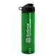 aerial view a transparent green bottle & black lid 24 oz slim fit upcycle rpet bottle with flip lid, image 1 of 2