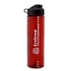 aerial view a transparent red bottle & black lid 24 oz slim fit upcycle rpet bottle with flip lid, image 1 of 2