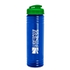 a transparent blue bottle & translucent green lid 24 oz slim fit upcycle rpet bottle with flip lid
