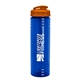 a transparent blue bottle & translucent orange lid 24 oz slim fit upcycle rpet bottle with flip lid