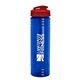 a transparent blue bottle & translucent red lid 24 oz slim fit upcycle rpet bottle with flip lid