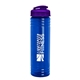 a transparent blue bottle & translucent violet lid 24 oz slim fit upcycle rpet bottle with flip lid