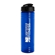 aerial view a transparent blue bottle & black lid 24 oz slim fit upcycle rpet bottle with flip lid, image 1 of 2