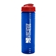 a transparent blue bottle & red lid 24 oz slim fit upcycle rpet bottle with flip lid