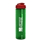 a transparent green bottle & translucent red lid 24 oz slim fit upcycle rpet bottle with flip lid