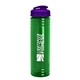 a transparent green bottle & translucent violet lid 24 oz slim fit upcycle rpet bottle with flip lid