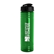 aerial view a transparent green bottle & black lid 24 oz slim fit upcycle rpet bottle with flip lid, image 1 of 2