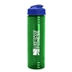 a transparent green bottle & royal blue lid 24 oz slim fit upcycle rpet bottle with flip lid