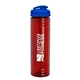 a transparent red bottle & translucent blue lid 24 oz slim fit upcycle rpet bottle with flip lid