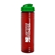 a transparent red bottle & translucent green lid 24 oz slim fit upcycle rpet bottle with flip lid