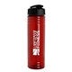 aerial view a transparent red bottle & black lid 24 oz slim fit upcycle rpet bottle with flip lid, image 1 of 2