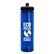 aerial view a transparent blue bottle & black lid 24 oz slim fit upcycle rpet bottle with push - pull lid, image 1 of 2