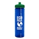 a transparent blue bottle & green lid 24 oz slim fit upcycle rpet bottle with push - pull lid