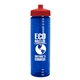a transparent blue bottle & red lid 24 oz slim fit upcycle rpet bottle with push - pull lid