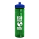 a transparent green bottle & royal blue lid 24 oz slim fit upcycle rpet bottle with push - pull lid