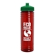 a transparent red bottle & green lid 24 oz slim fit upcycle rpet bottle with push - pull lid