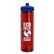 a transparent red bottle & royal blue lid 24 oz slim fit upcycle rpet bottle with push - pull lid