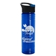 a transparent blue bottle & black with blue flip tab lid 24 oz slim fit upcycle rpet bottles with pop - up sip lid
