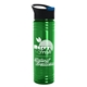 a transparent green bottle & black with blue flip tab lid 24 oz slim fit upcycle rpet bottles with pop - up sip lid