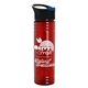 a transparent red bottle & black with blue flip tab lid 24 oz slim fit upcycle rpet bottles with pop - up sip lid