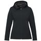 aerial view a navy (575) womens lefroy eco lightweight softshell jacket with hood, image 1 of 4