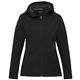 aerial view a black (995) womens lefroy eco lightweight softshell jacket with hood, image 1 of 4
