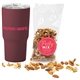 a burgundy soft touch tumbler with party mix
