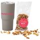 a grey soft touch tumbler with party mix