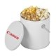 a white one gallon popcorn tin - trio popcorn