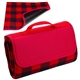 aerial view a red/red plaid barrel fleece picnic blanket, image 1 of 5
