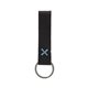 aerial view a black leather & turquoise linen accent saddler loop keychain, image 1 of 2