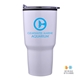aerial view a white 30 oz stainless steel tumbler with plastic liner, image 1 of 3