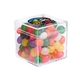 aerial view a clear & jelly beans fill option cube shaped acrylic container with candy, image 1 of 12