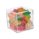 aerial view a clear & gummy bears fill option cube shaped acrylic container with candy, image 1 of 9