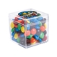 aerial view a clear & metallic milk chocolate buttons fill option cube shaped acrylic container with candy, image 1 of 2
