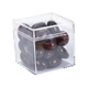 aerial view a clear & chocolate almonds fill option cube shaped acrylic container with candy, image 2 of 3