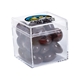 aerial view a clear & chocolate almonds fill option cube shaped acrylic container with candy, image 3 of 3