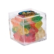 aerial view a clear & gummy bears fill option cube shaped acrylic container with candy, image 2 of 9