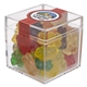 aerial view a clear & gummy bears fill option cube shaped acrylic container with candy, image 3 of 9