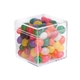 aerial view a clear & jelly beans fill option cube shaped acrylic container with candy, image 2 of 12