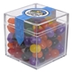 aerial view a clear & jelly beans fill option cube shaped acrylic container with candy, image 12 of 12