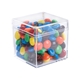 aerial view a clear & metallic milk chocolate buttons fill option cube shaped acrylic container with candy, image 2 of 2