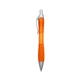 aerial view a translucent orange with satin silver finish rio ballpoint pen with contoured rubber grip, image 1 of 3