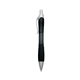aerial view a translucent black with satin silver finish rio ballpoint pen with contoured rubber grip, image 1 of 3