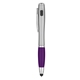 aerial view a silver with purple grip trio pen with led light and stylus, image 1 of 3