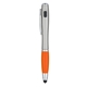aerial view a silver with orange grip trio pen with led light and stylus, image 1 of 3
