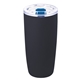 aerial view a matte black with blue lid slider 19 oz everest noir recycled tumbler, image 1 of 2