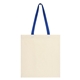 aerial view a natural with royal blue penny wise cotton canvas tote bag, image 1 of 2
